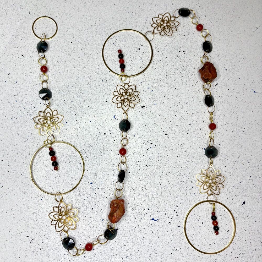 Carnelian Black Tourmaline Hanging Gold Lotus Charm Vitality Protection Gift